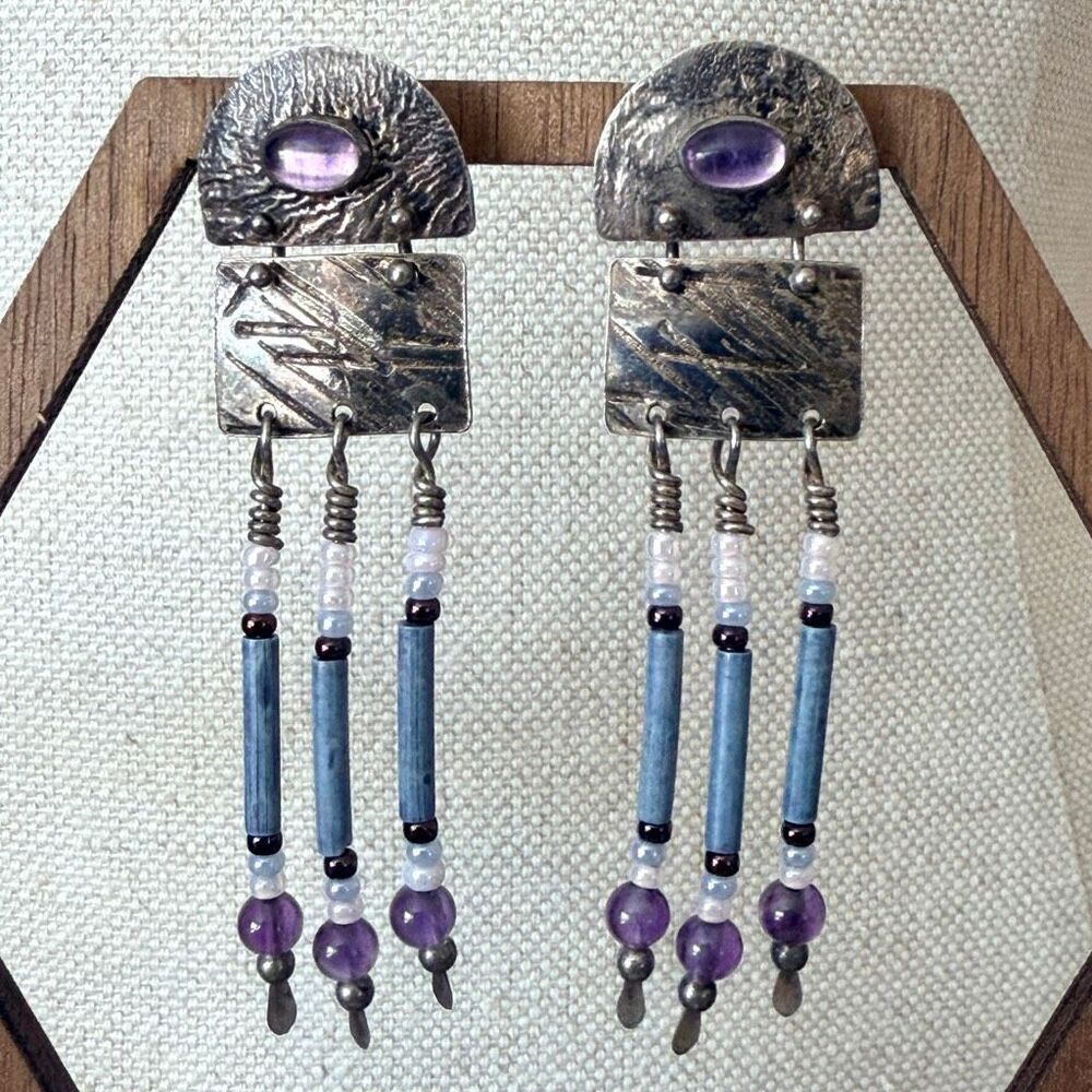 Sterling Silver Amethyst Artisan Beaded Dangle Earrings